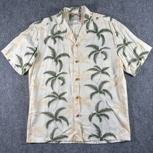 Paradise Found Hawaiian Shirt Men's Medium Cream Green Palm Tree Rayon Aloha